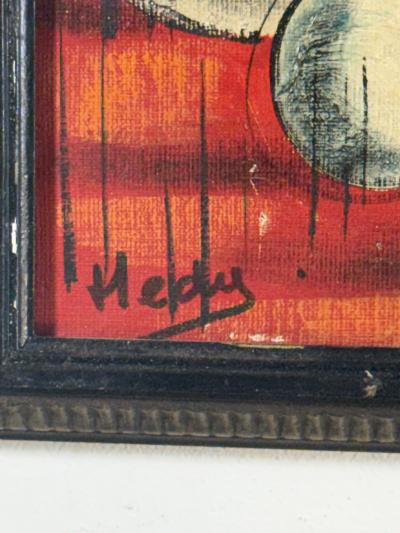 MID CENTURY CUBISTIC ORANGE STILL LIFE WITH BOTTLES FRUIT PAINTING