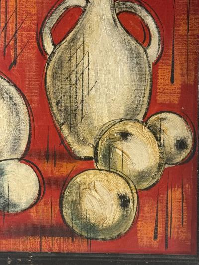 MID CENTURY CUBISTIC ORANGE STILL LIFE WITH BOTTLES FRUIT PAINTING