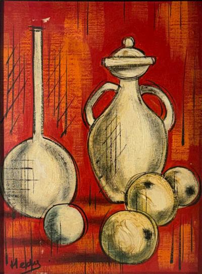 MID CENTURY CUBISTIC ORANGE STILL LIFE WITH BOTTLES FRUIT PAINTING