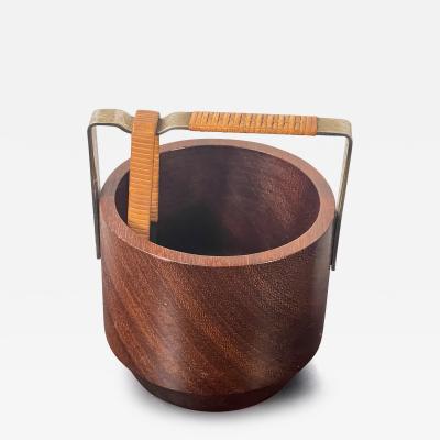 MID CENTURY DANISH DIMUNITIVE TEAK ICE BUCKET WITH RATTAN WRAPPED TONGS HANDLE