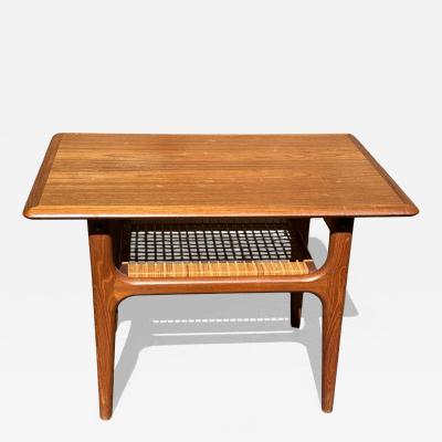 MID CENTURY DANISH MODERN TEAK WITH RATTAN SHELF TABLE