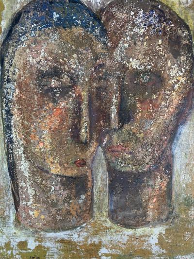 MID CENTURY FEMALE MALE HEAD ABSTRACT PAINTING