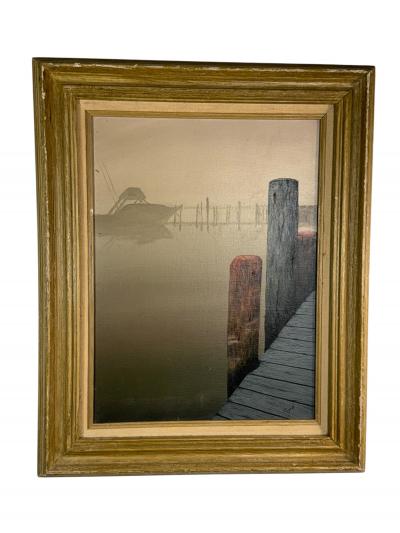 MID CENTURY FISHING BOAT WITH DOCK IN SUNRISE PAINTING SIGNED ZOPH