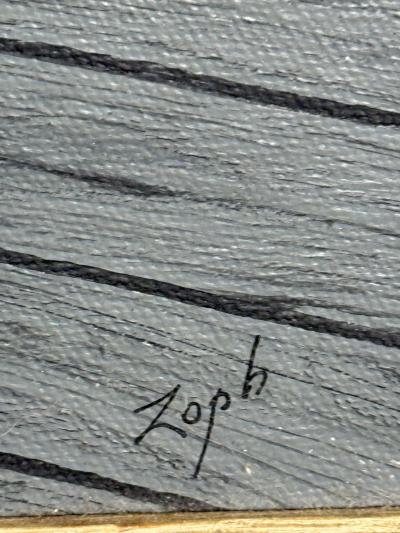 MID CENTURY FISHING BOAT WITH DOCK IN SUNRISE PAINTING SIGNED ZOPH