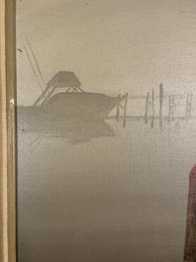 MID CENTURY FISHING BOAT WITH DOCK IN SUNRISE PAINTING SIGNED ZOPH
