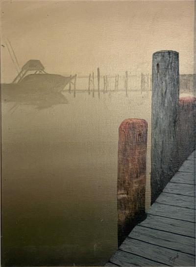 MID CENTURY FISHING BOAT WITH DOCK IN SUNRISE PAINTING SIGNED ZOPH