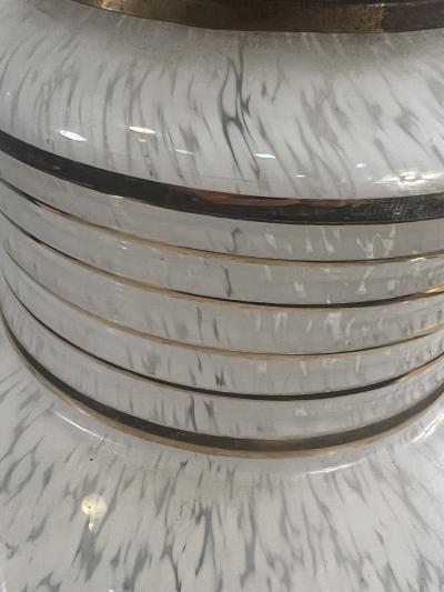 MID CENTURY FRENCH WHITE MOTTLED GLASS AND GOLD RINGED GLASS LAMPS