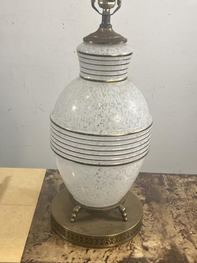 MID CENTURY FRENCH WHITE MOTTLED GLASS AND GOLD RINGED GLASS LAMPS