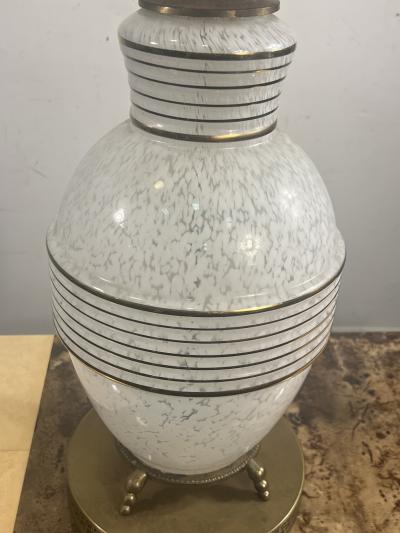 MID CENTURY FRENCH WHITE MOTTLED GLASS AND GOLD RINGED GLASS LAMPS