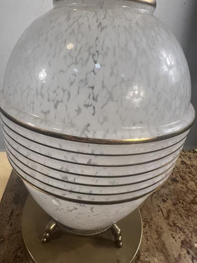 MID CENTURY FRENCH WHITE MOTTLED GLASS AND GOLD RINGED GLASS LAMPS