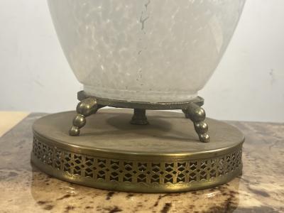 MID CENTURY FRENCH WHITE MOTTLED GLASS AND GOLD RINGED GLASS LAMPS