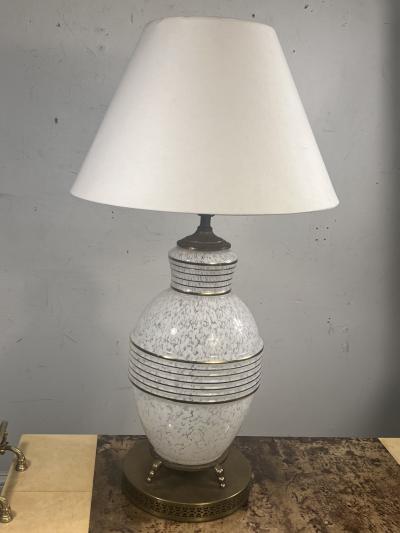 MID CENTURY FRENCH WHITE MOTTLED GLASS AND GOLD RINGED GLASS LAMPS