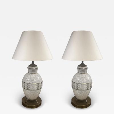 MID CENTURY FRENCH WHITE MOTTLED GLASS AND GOLD RINGED GLASS LAMPS