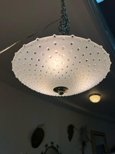 MID CENTURY FROSTED GLASS AND BRASS FLUSH MOUNT CHANDELIER