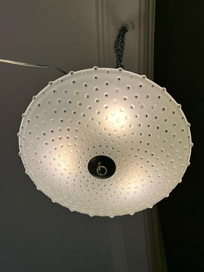 MID CENTURY FROSTED GLASS AND BRASS FLUSH MOUNT CHANDELIER