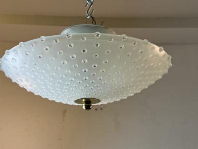 MID CENTURY FROSTED GLASS AND BRASS FLUSH MOUNT CHANDELIER