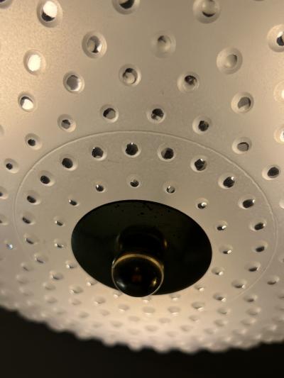 MID CENTURY FROSTED GLASS AND BRASS FLUSH MOUNT CHANDELIER