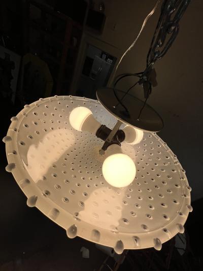MID CENTURY FROSTED GLASS AND BRASS FLUSH MOUNT CHANDELIER
