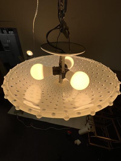 MID CENTURY FROSTED GLASS AND BRASS FLUSH MOUNT CHANDELIER