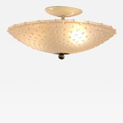 MID CENTURY FROSTED GLASS AND BRASS FLUSH MOUNT CHANDELIER