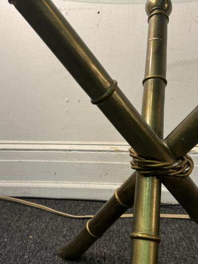 MID CENTURY GOLDTONE METAL BAMBOO DESIGN TRIPOD TABLES