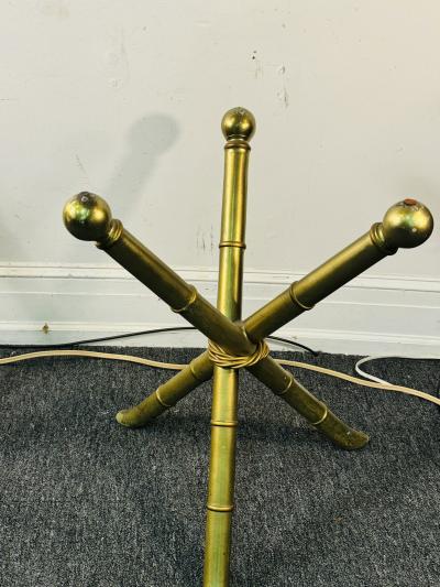 MID CENTURY GOLDTONE METAL BAMBOO DESIGN TRIPOD TABLES