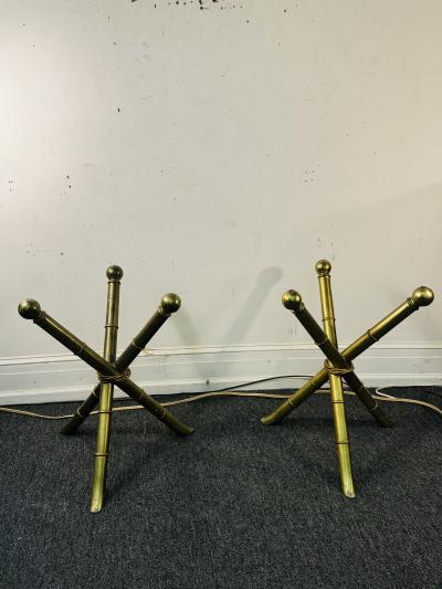 MID CENTURY GOLDTONE METAL BAMBOO DESIGN TRIPOD TABLES