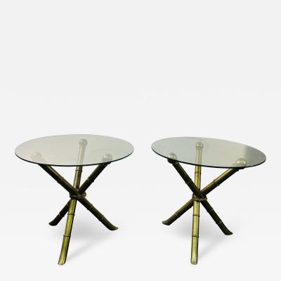 MID CENTURY GOLDTONE METAL BAMBOO DESIGN TRIPOD TABLES