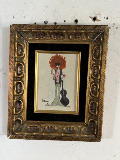MID CENTURY HIPPY CLOWN WITH GUITAR PAINTING