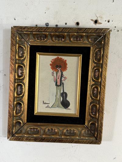 MID CENTURY HIPPY CLOWN WITH GUITAR PAINTING