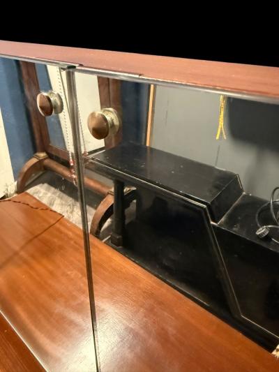 MID CENTURY ILLUMINATED SIX DRAWER WALNUT VANITY WITH SIDE PULL OUT MIRRORS