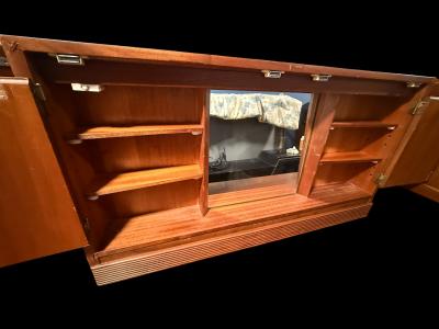 MID CENTURY ILLUMINATED SIX DRAWER WALNUT VANITY WITH SIDE PULL OUT MIRRORS