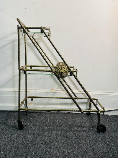 MID CENTURY ITALIAN BRASS AND GLASS TRIPLE TIER BAR CART