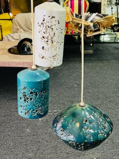MID CENTURY ITALIAN CERAMIC THREE PENDANT CHANDELIER