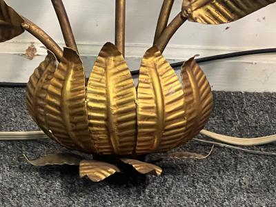 MID CENTURY ITALIAN GILT METAL PALM FROND ROSES ILLUMINATED WALL SCULPTURE