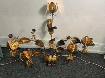 MID CENTURY ITALIAN GILT METAL PALM FROND ROSES ILLUMINATED WALL SCULPTURE
