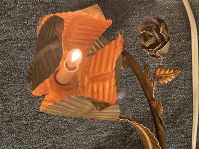 MID CENTURY ITALIAN GILT METAL PALM FROND ROSES ILLUMINATED WALL SCULPTURE