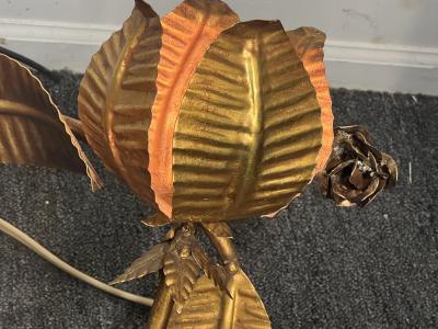 MID CENTURY ITALIAN GILT METAL PALM FROND ROSES ILLUMINATED WALL SCULPTURE