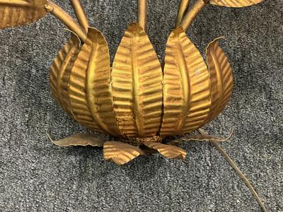 MID CENTURY ITALIAN GILT METAL PALM FROND ROSES ILLUMINATED WALL SCULPTURE