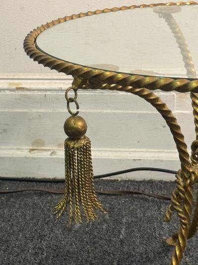 MID CENTURY ITALIAN GILT METAL ROPE AND TASSLE THREE LEGGED SIDE TABLE