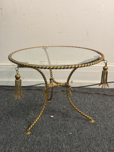 MID CENTURY ITALIAN GILT METAL ROPE AND TASSLE THREE LEGGED SIDE TABLE