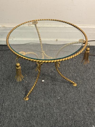 MID CENTURY ITALIAN GILT METAL ROPE AND TASSLE THREE LEGGED SIDE TABLE