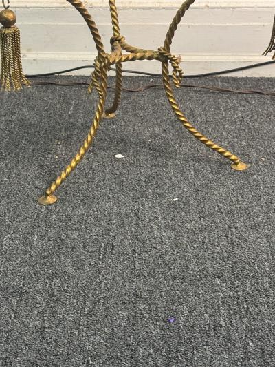 MID CENTURY ITALIAN GILT METAL ROPE AND TASSLE THREE LEGGED SIDE TABLE