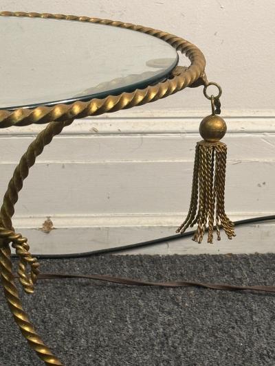 MID CENTURY ITALIAN GILT METAL ROPE AND TASSLE THREE LEGGED SIDE TABLE