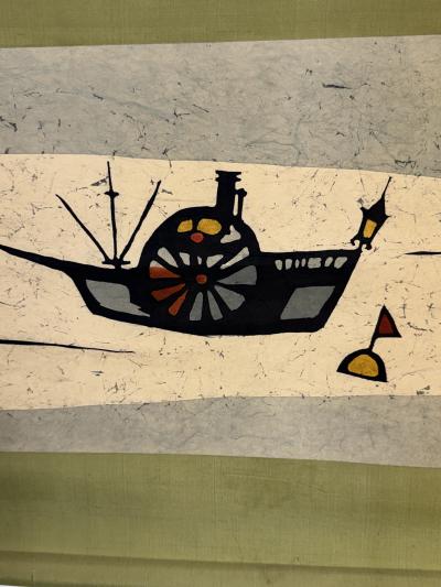 MID CENTURY JAPANESE RICE PAPER SCROLL OF A BOAT BUOY