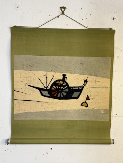 MID CENTURY JAPANESE RICE PAPER SCROLL OF A BOAT BUOY