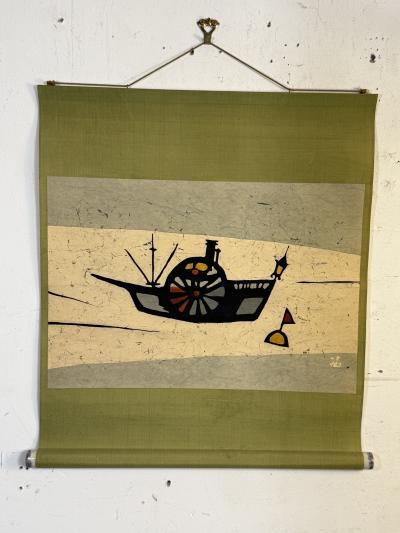 MID CENTURY JAPANESE RICE PAPER SCROLL OF A BOAT BUOY