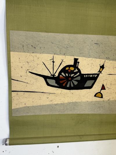 MID CENTURY JAPANESE RICE PAPER SCROLL OF A BOAT BUOY