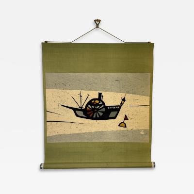 MID CENTURY JAPANESE RICE PAPER SCROLL OF A BOAT BUOY
