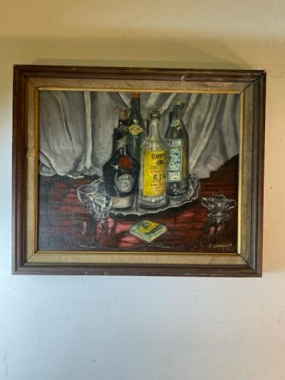 MID CENTURY LIQUOR BOTTLES ON SILVER PLATTER PAINTING
